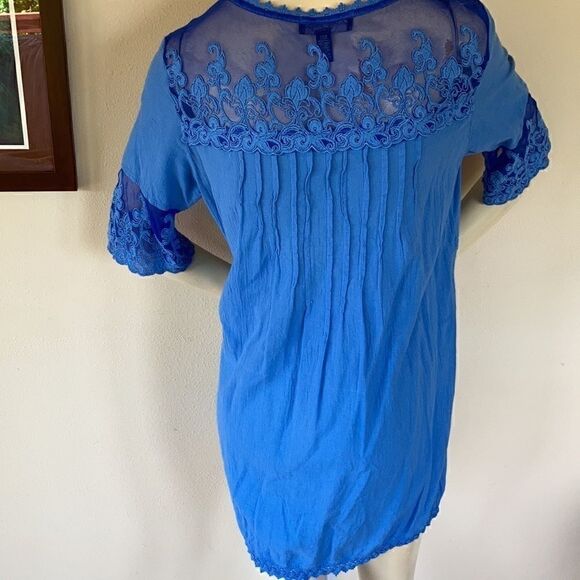 Gretty Zueger Embroidered mesh cotton elbow length sleeve Tunic Ocean Blue Med - Picture 9 of 17